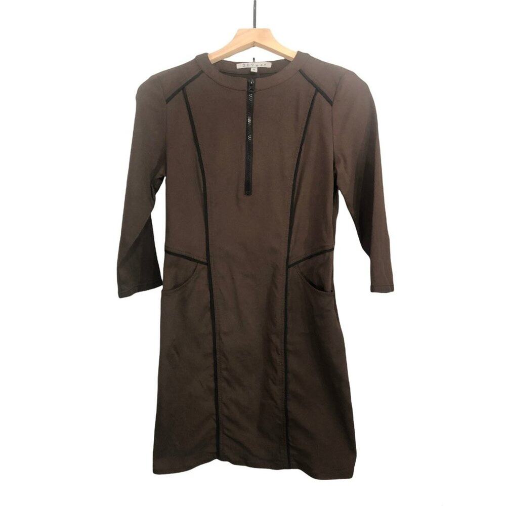 209 WST brown 3/4 sleeve straight fitted cut Sheath zip front crew neck SIZE 6